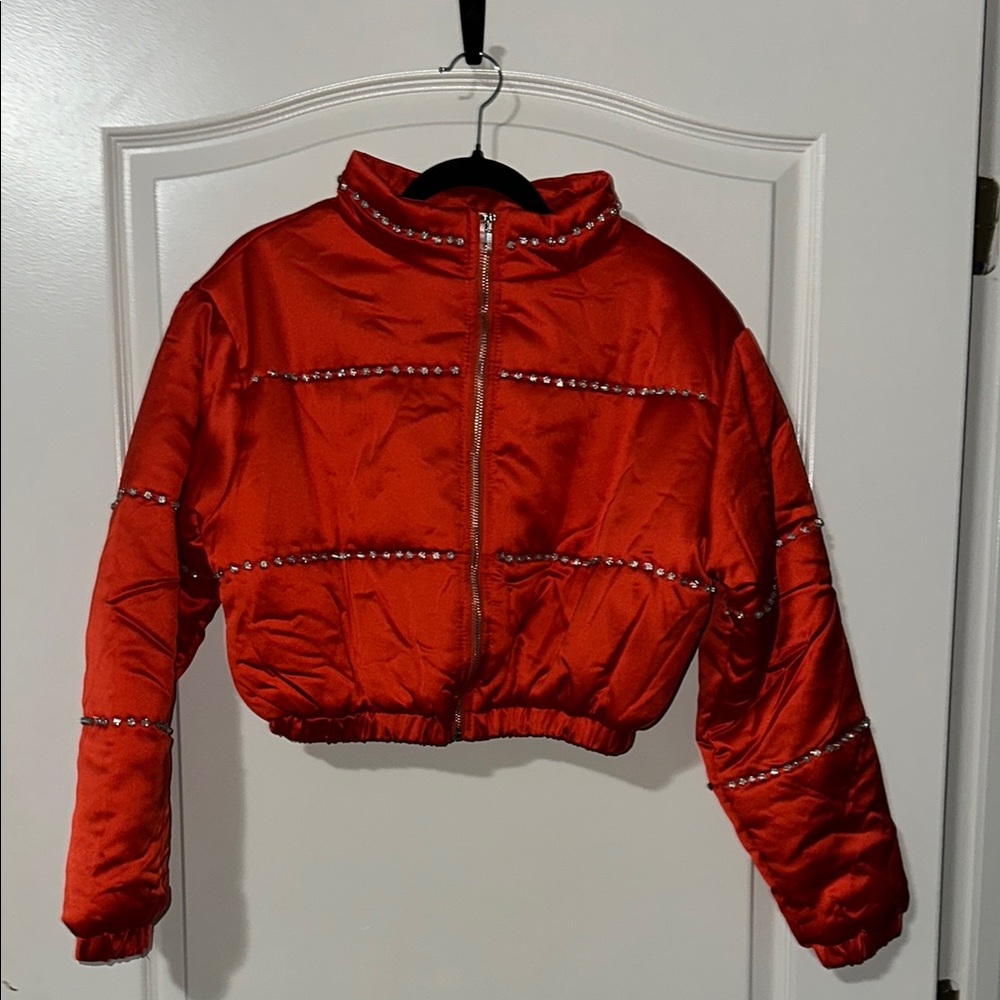 Red Puffer Jacket with Rhinestone Details NWTNW